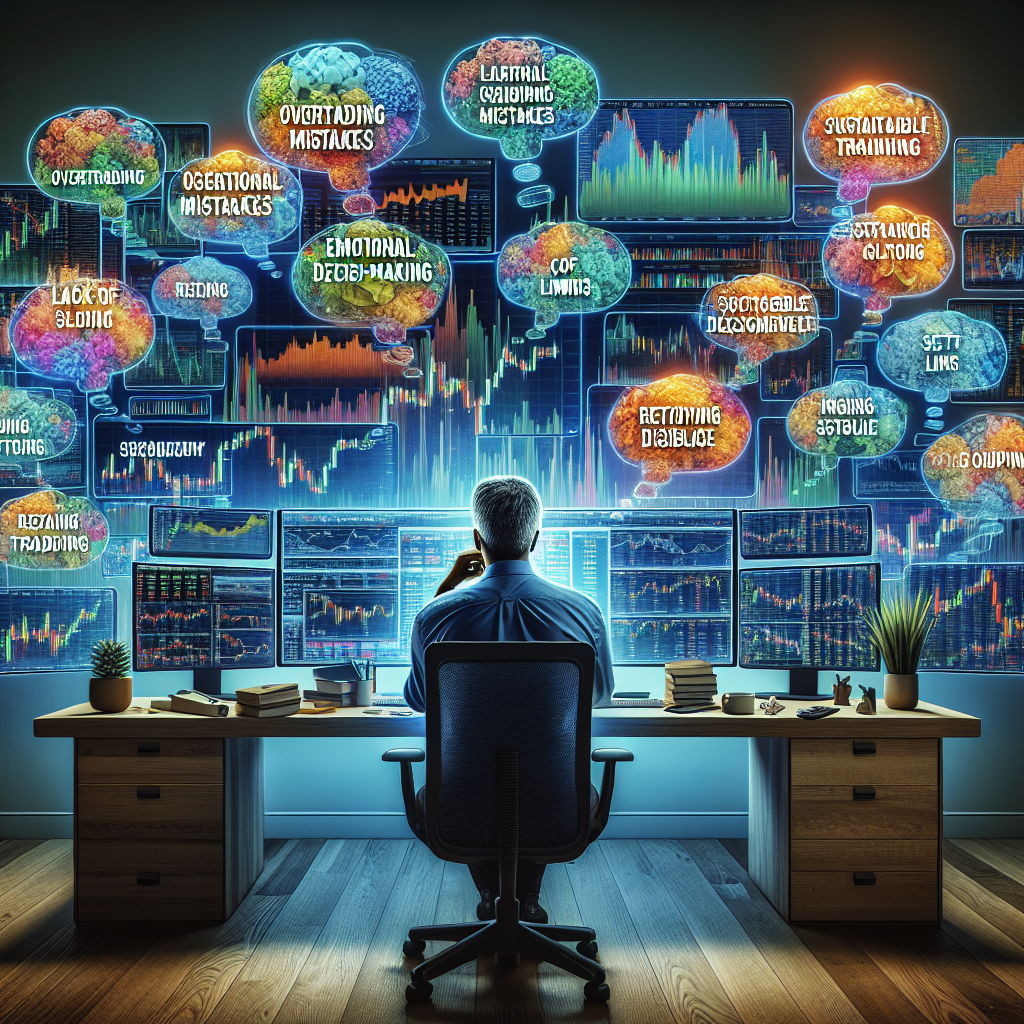 A professional illustrated scene depicting a day trader at a desk, surrounded by colorful charts and trading screens, with thought bubbles showing common trading mistakes like overtrading, emotional decision-making, and lack of planning, contrasted with actionable insights like strategic planning and disciplined trading.