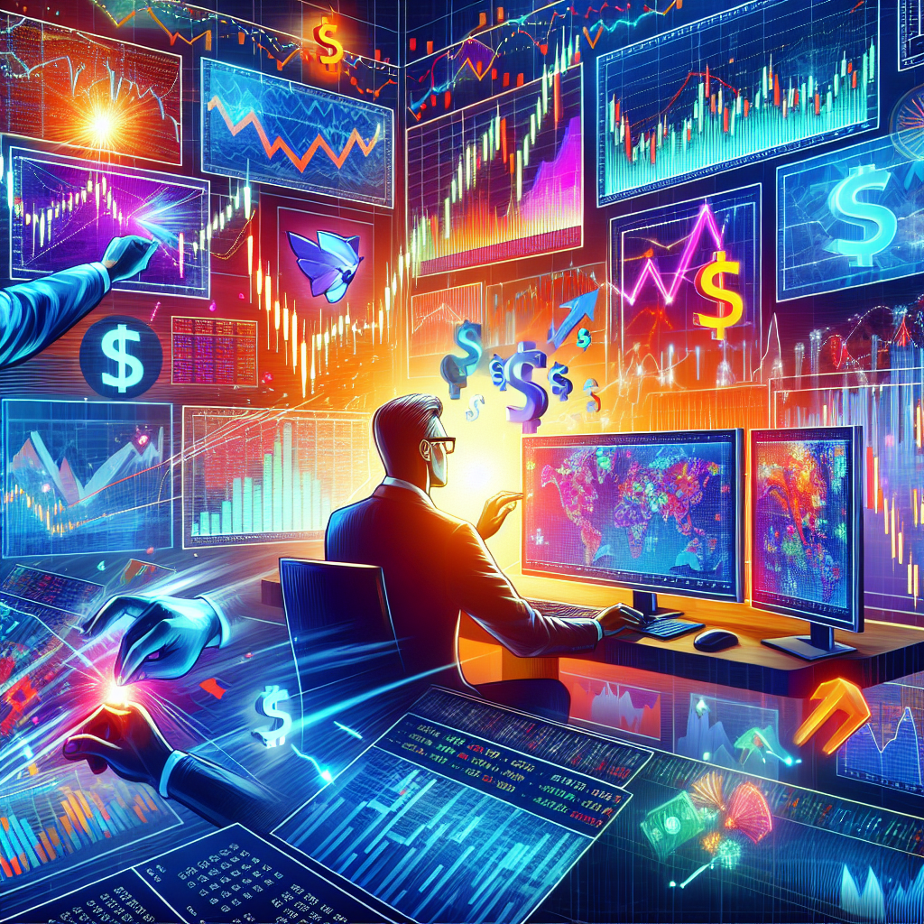 A vibrant and professional illustration depicting various day trading strategies, including charts, candlesticks, financial symbols, and a focused trader analyzing data on multiple screens.