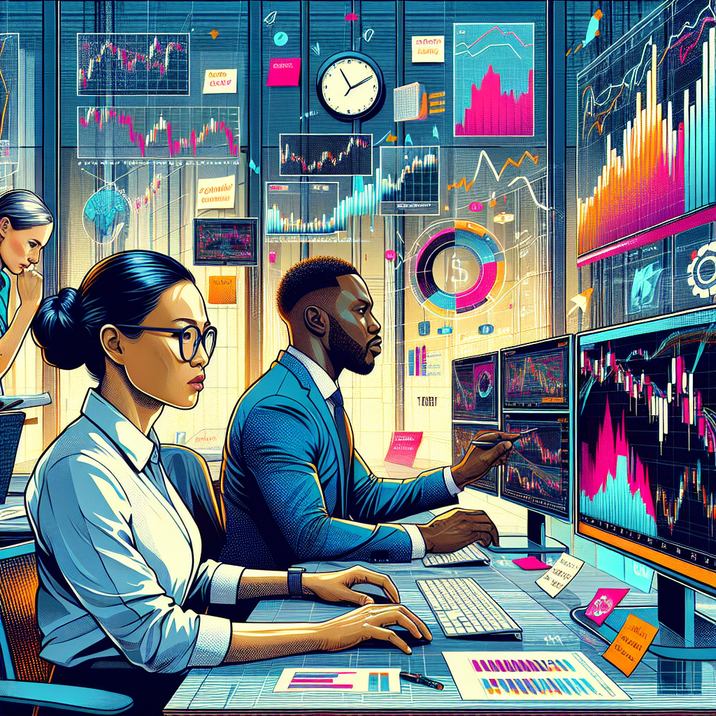 A professional, vibrant illustration of a diverse group of day traders analyzing charts and trading screens in a bright, modern office setting, with various financial graphs and indicators displayed on large monitors.