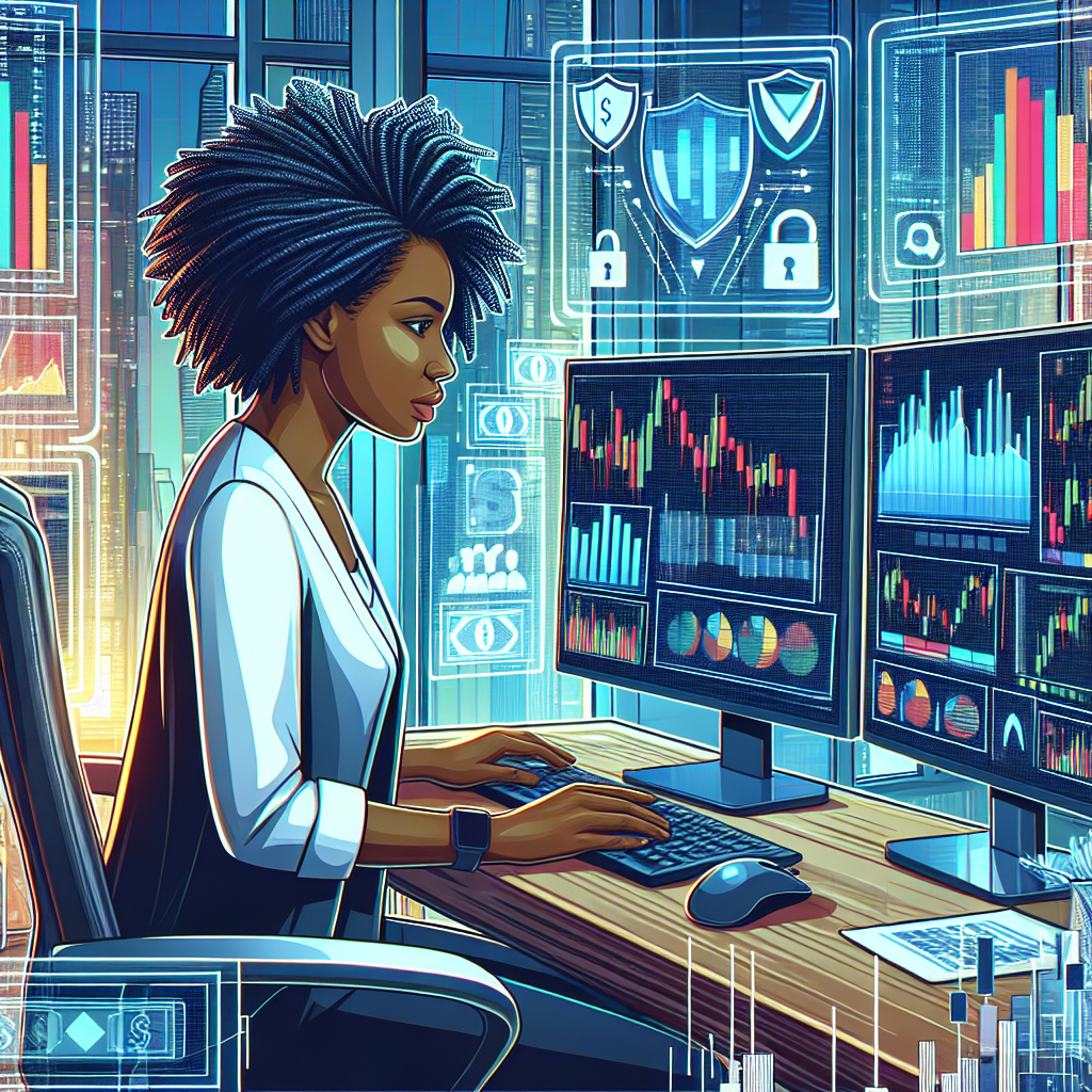 A professional and vibrant illustration depicting a day trader analyzing charts and graphs on multiple screens, surrounded by symbols of risk management like shields and locks, with an urban office backdrop.