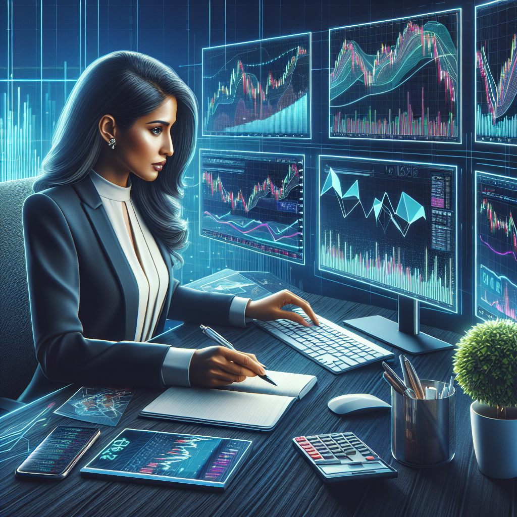 A professional illustration depicting a day trader at a modern desk equipped with multiple screens showing stock charts and trading analytics, surrounded by essential tools like a notepad, calculator, and smartphone. The atmosphere conveys a sense of focus and efficiency, with vibrant colors highlighting aspects of technology and finance.