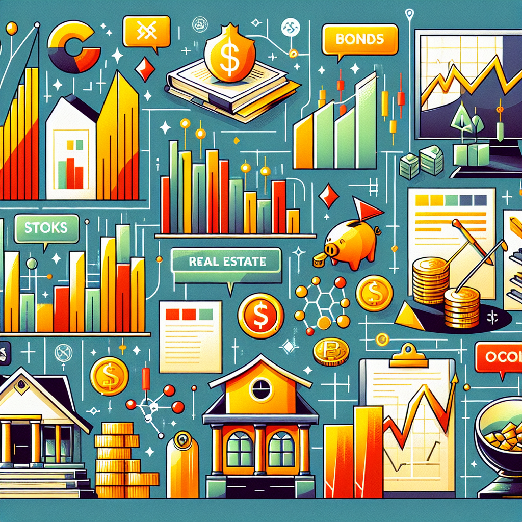 A vibrant and professional illustration depicting various asset classes such as stocks, bonds, real estate, commodities, and cryptocurrencies, interconnected in a dynamic way to illustrate diversity in day trading portfolios.