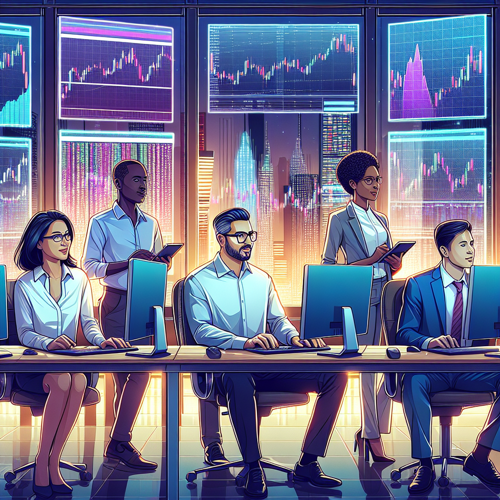 A dynamic and vibrant illustration depicting a diverse group of traders of various experience levels engaging in day trading activities, surrounded by charts, graphs, and financial data on screens in a modern office environment.