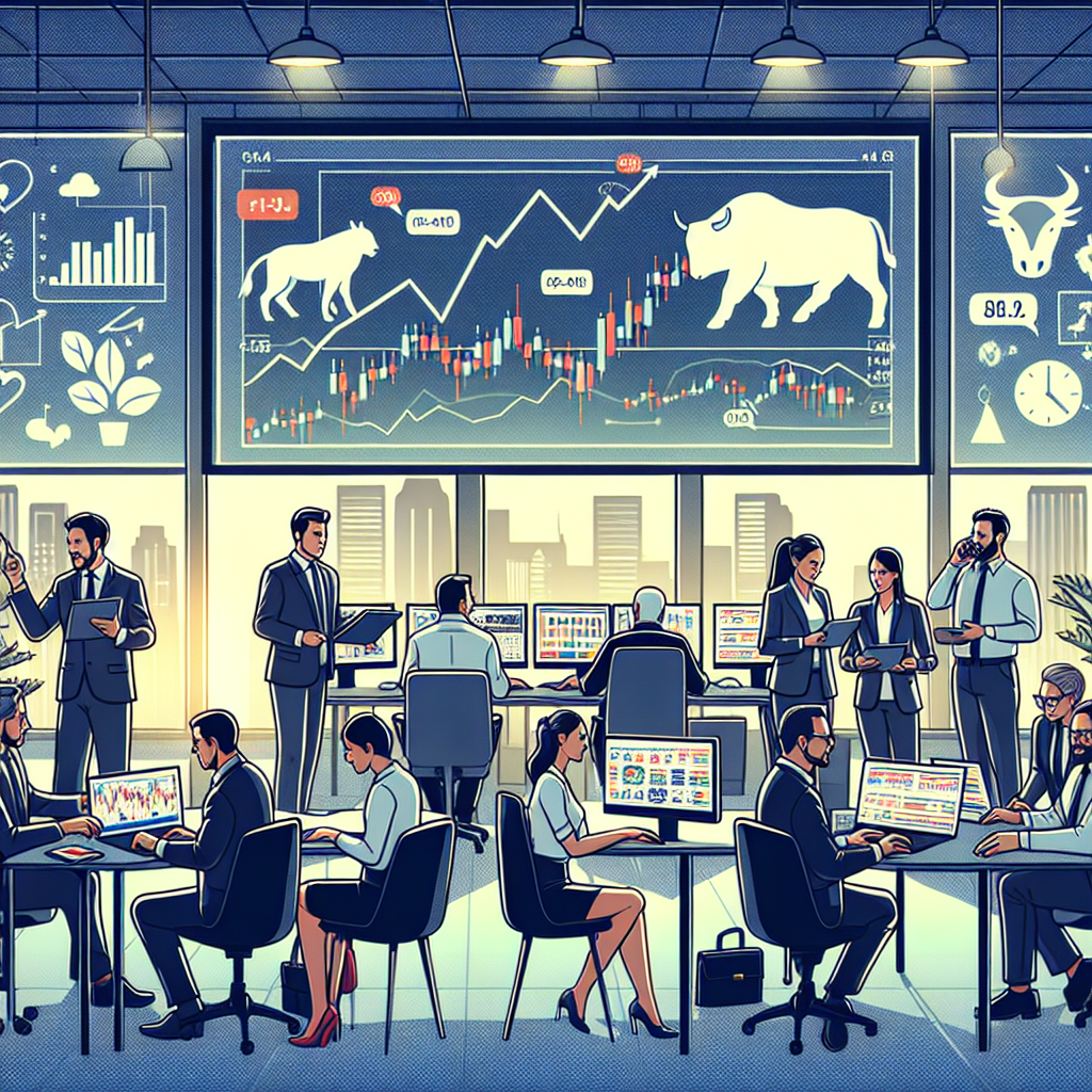 Illustration depicting a diverse group of traders analyzing charts and graphs, with elements like candlestick patterns, a bull and bear symbol, and digital tools representing day trading strategy development.