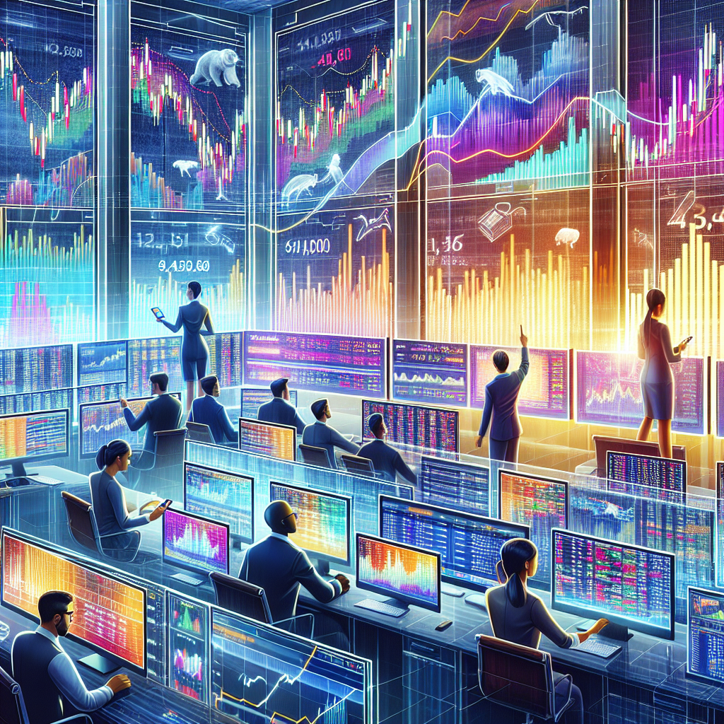 An illustration showcasing various profit-taking techniques for day traders, featuring a vibrant and professional aesthetic. It includes charts, graphs, and traders analyzing data in a modern trading environment.