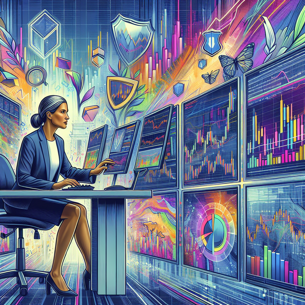 A vibrant illustration depicting a professional day trader at a modern trading desk, surrounded by screens displaying charts and graphs, with elements symbolizing risk management techniques, such as safety nets, shields, and balance scales, all set against a dynamic backdrop of a bustling financial market.