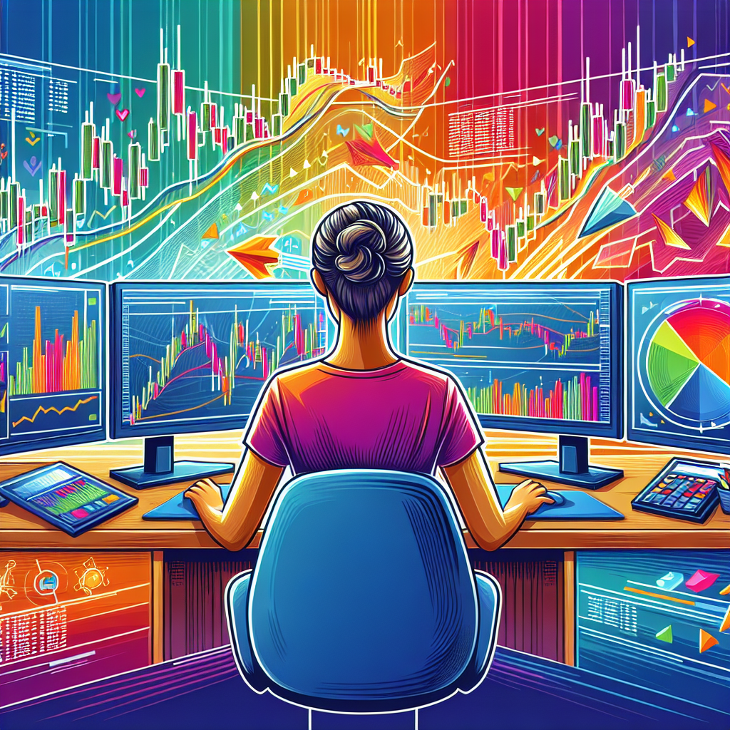 A vibrant and professional illustration depicting a beginner trader analyzing technical indicators on multiple computer screens, surrounded by charts, candlesticks, and trading tools, symbolizing the journey of mastering day trading strategies.