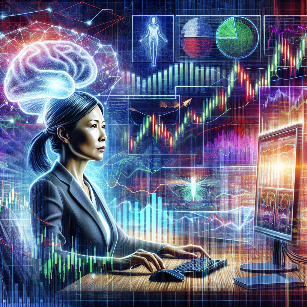 An illustration depicting a focused day trader at a sleek desk, surrounded by vibrant charts, graphs, and a large computer screen displaying stock data. The trader, exuding confidence, is engaged in deep thought while maintaining a calm demeanor, with bright colors symbolizing energy and psychology at play. Elements representing emotional balance and decision-making, like a scale and a brain symbol, are subtly integrated into the background.