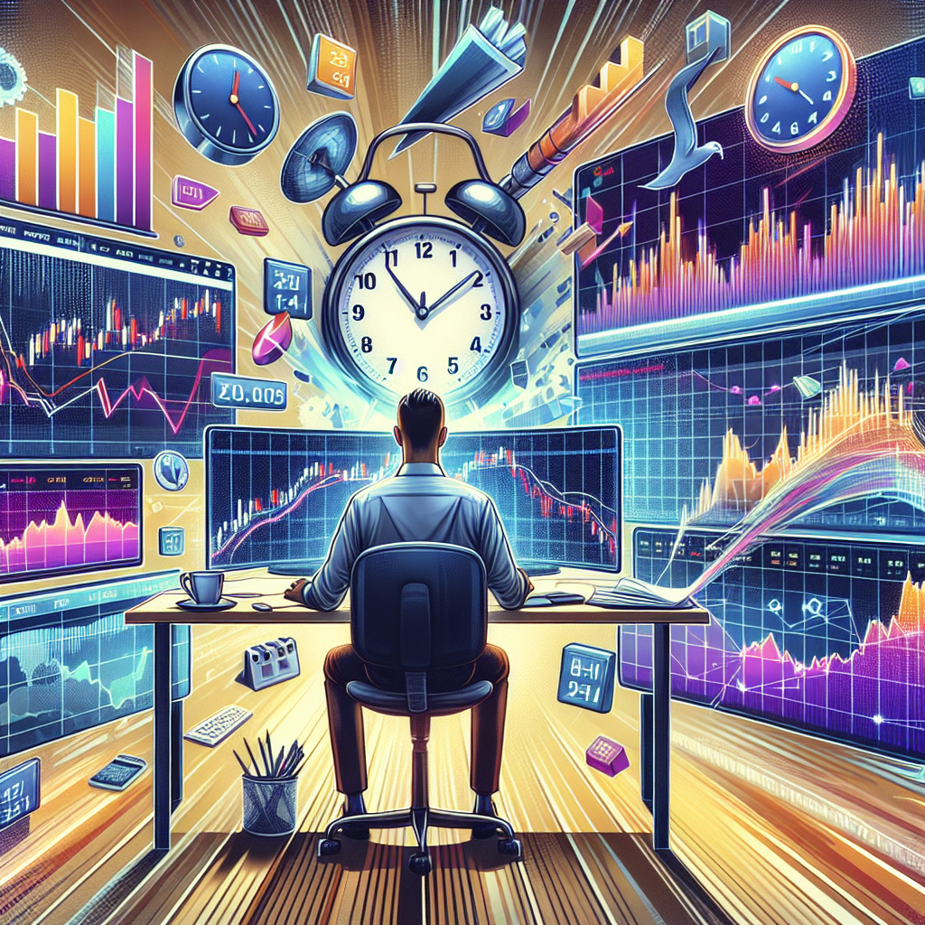 A vibrant, professional illustration depicting a day trader managing time with charts, a clock, and various trading tools in a dynamic office environment.