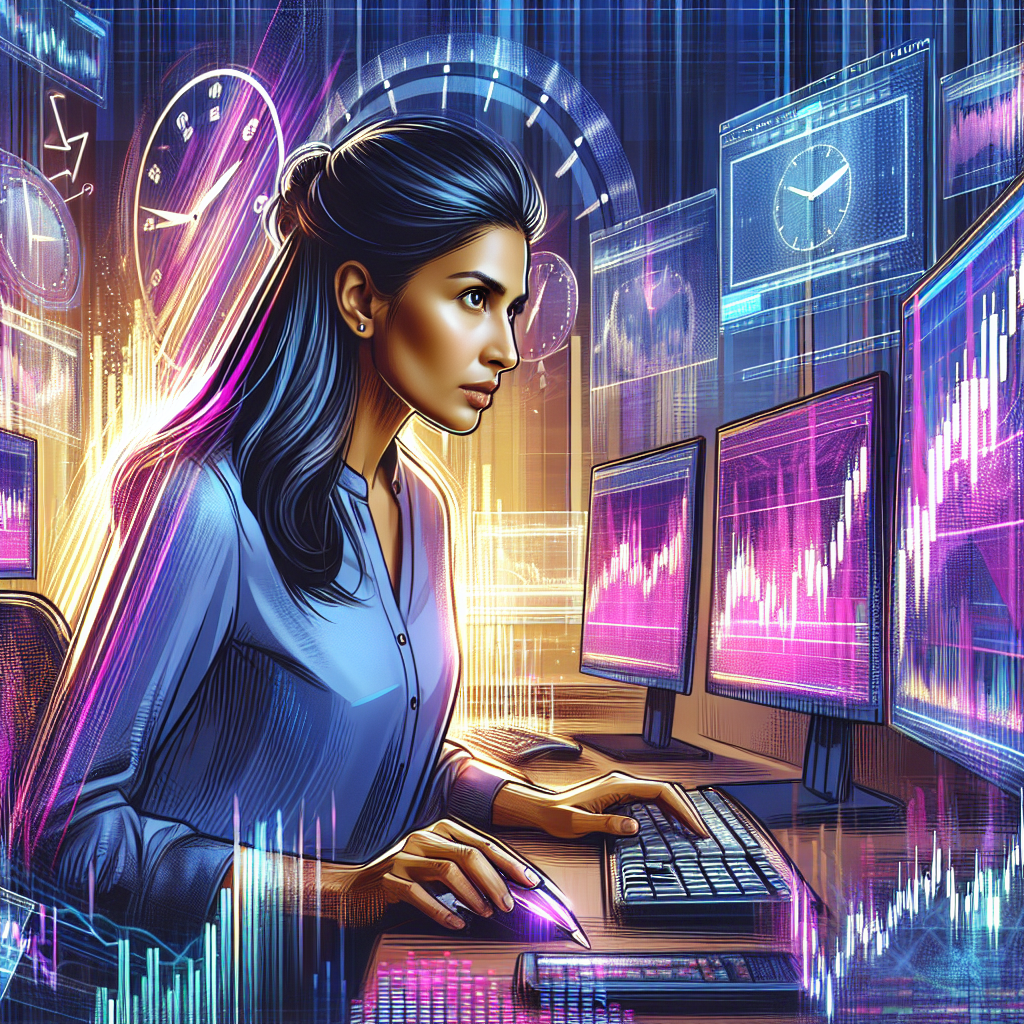 A vibrant illustration depicting a day trader expertly executing trades in front of multiple screens, showcasing various market graphs and charts, emphasizing speed and precision.