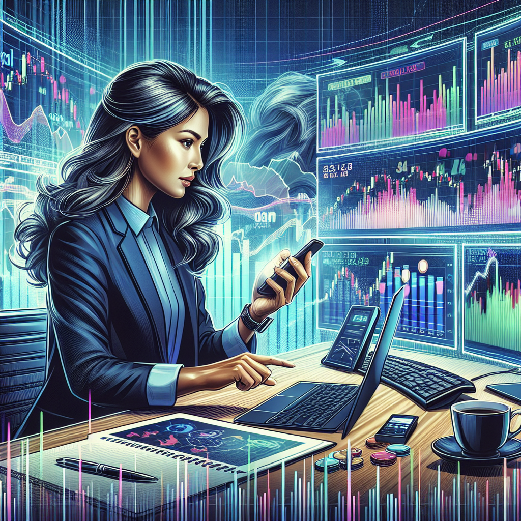 A professional and vibrant illustration depicting a day trader at a modern workstation, surrounded by multiple screens displaying real-time stock charts, graphs, and trading data. The trader, focused and confident, is using a smartphone and a tablet, symbolizing speed and accuracy in trade execution. The atmosphere reflects a dynamic trading environment with colorful visual elements representing market trends and information.