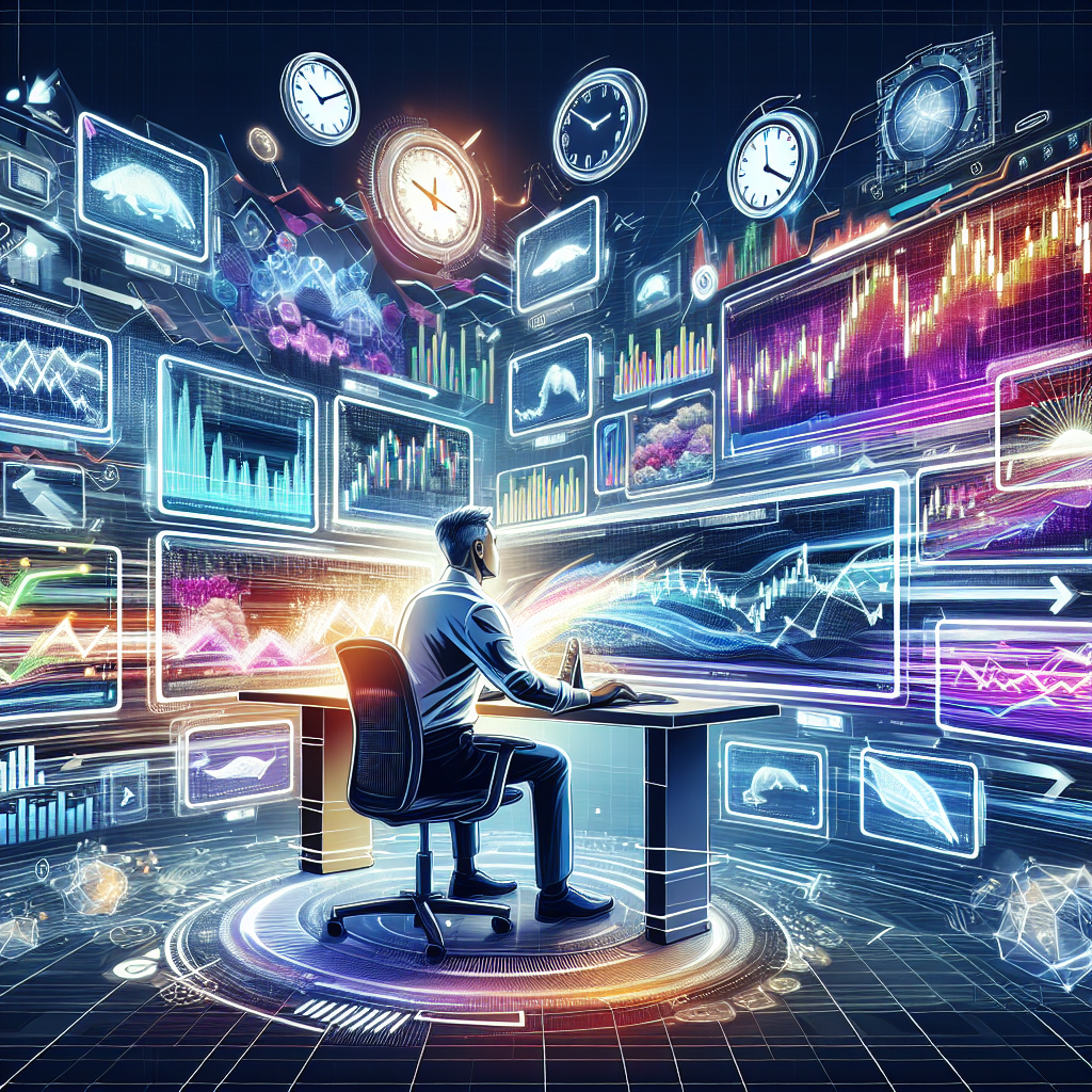 A vibrant and professional illustration depicting a day trader analyzing charts and data, with elements showcasing speed and precision in trade execution, including dynamic graphs, trading platforms, and a focused expression.