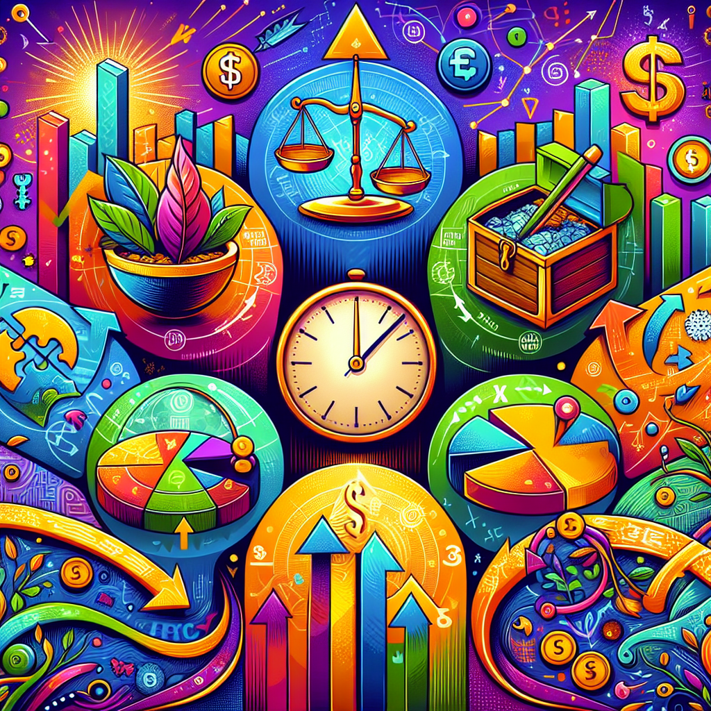 A vibrant and professional illustration depicting six distinct profit-taking strategies, featuring visual metaphors such as a balancing scale, treasure chest, clock, upward arrows, a shield, and a roadmap, set against a lively financial background filled with graphs and currency symbols.