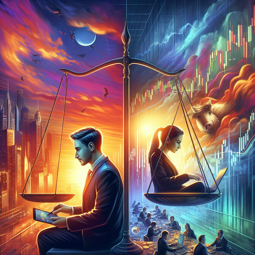 An illustration comparing swing trading and day trading, featuring two distinct scenes: one depicting a trader analyzing daily charts with a calm sunset background for swing trading, and the other showing an energetic trader rapidly executing trades in a bustling stock exchange environment for day trading. Both scenes are connected with a balanced scale emphasizing the pros and cons of each strategy.