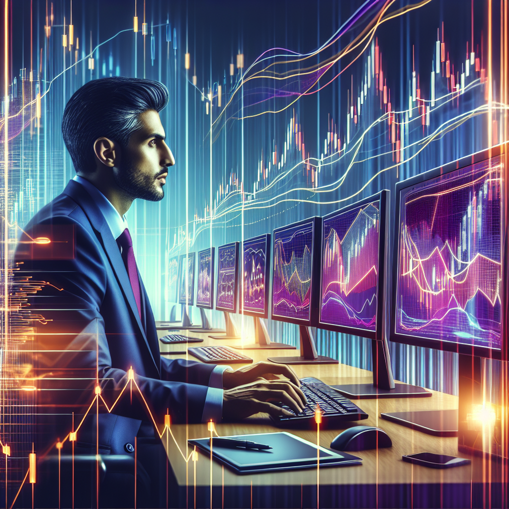 A vibrant, professional illustration depicting various technical indicators used in day trading, such as candlestick charts, moving averages, and RSI indicators, with a trader analyzing data on a computer screen and a colorful upward trend graph in the background.