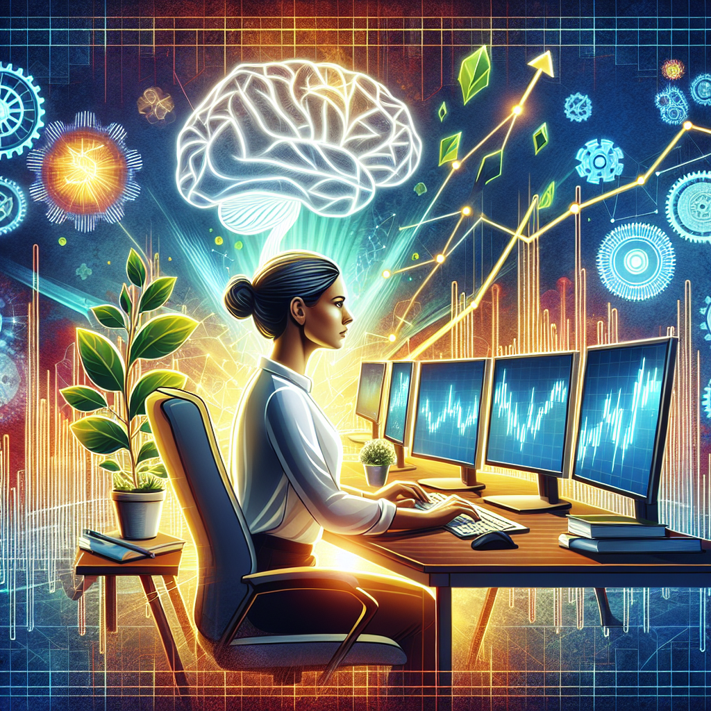 A vibrant and professional illustration depicting a person seated at a trading desk with multiple monitors displaying stock charts, engaged in focused mental exercises surrounded by symbols of psychological strategies like a brain, a balance scale, and gears.