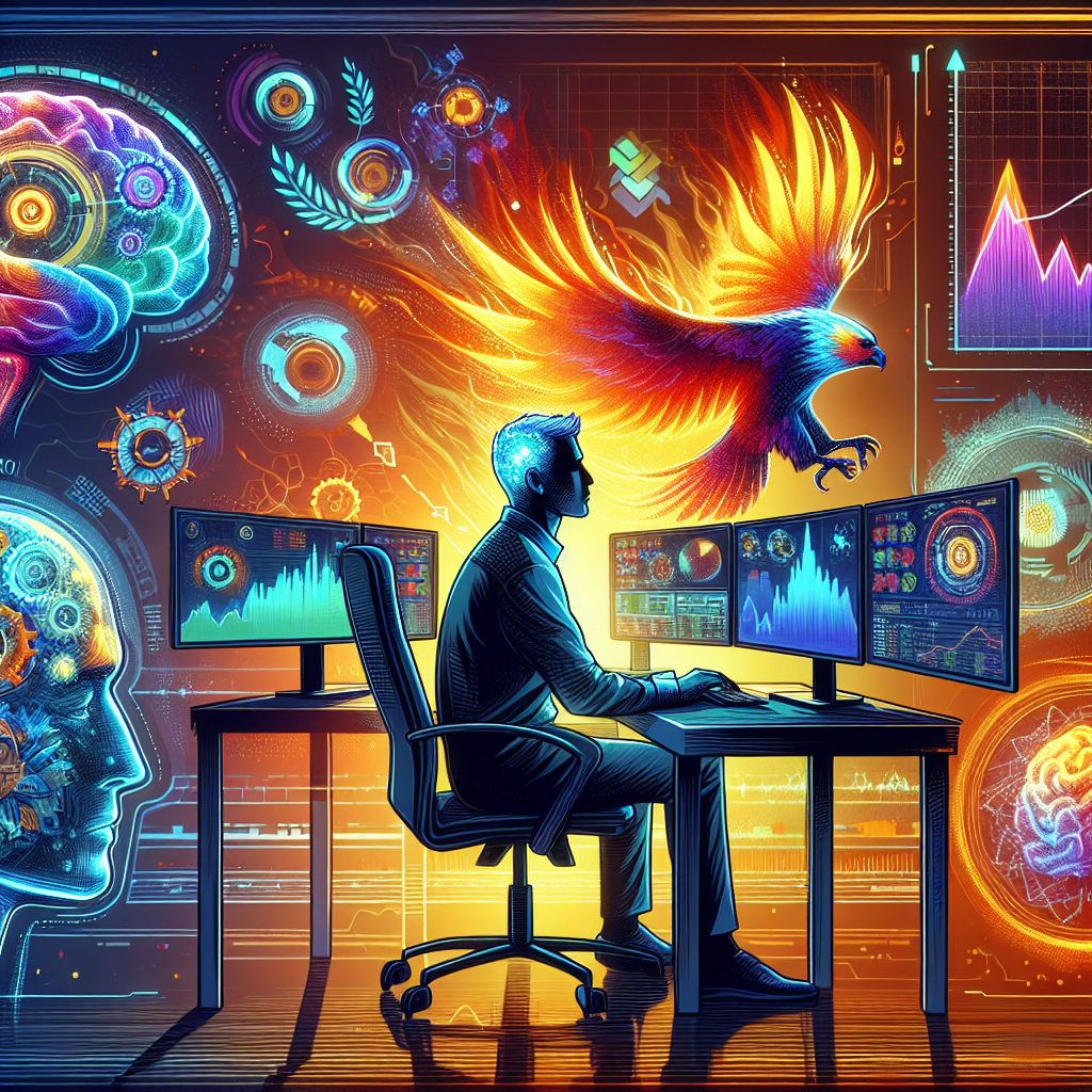 A professional vibrant illustration depicting a confident day trader analyzing stock charts on multiple screens, surrounded by motivational quotes and symbols of resilience like a brain with gears, a rising phoenix, and a mountain peak in the background, all set in an energetic office environment.