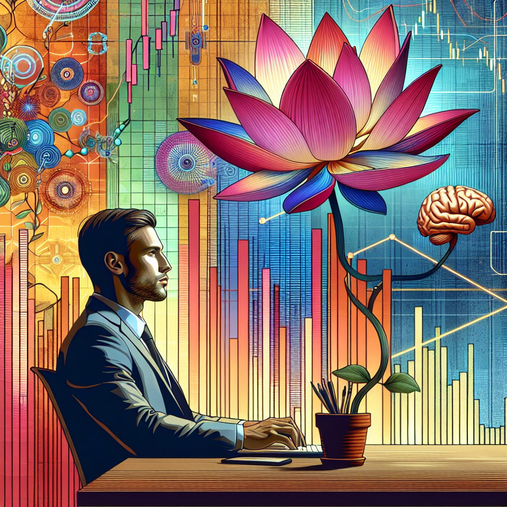 A professional illustration depicting a serene and focused day trader at a modern desk, surrounded by colorful charts and indicators, with calm mental resilience symbols like a lotus flower and a brain, showcasing a balance between technology and mindfulness.