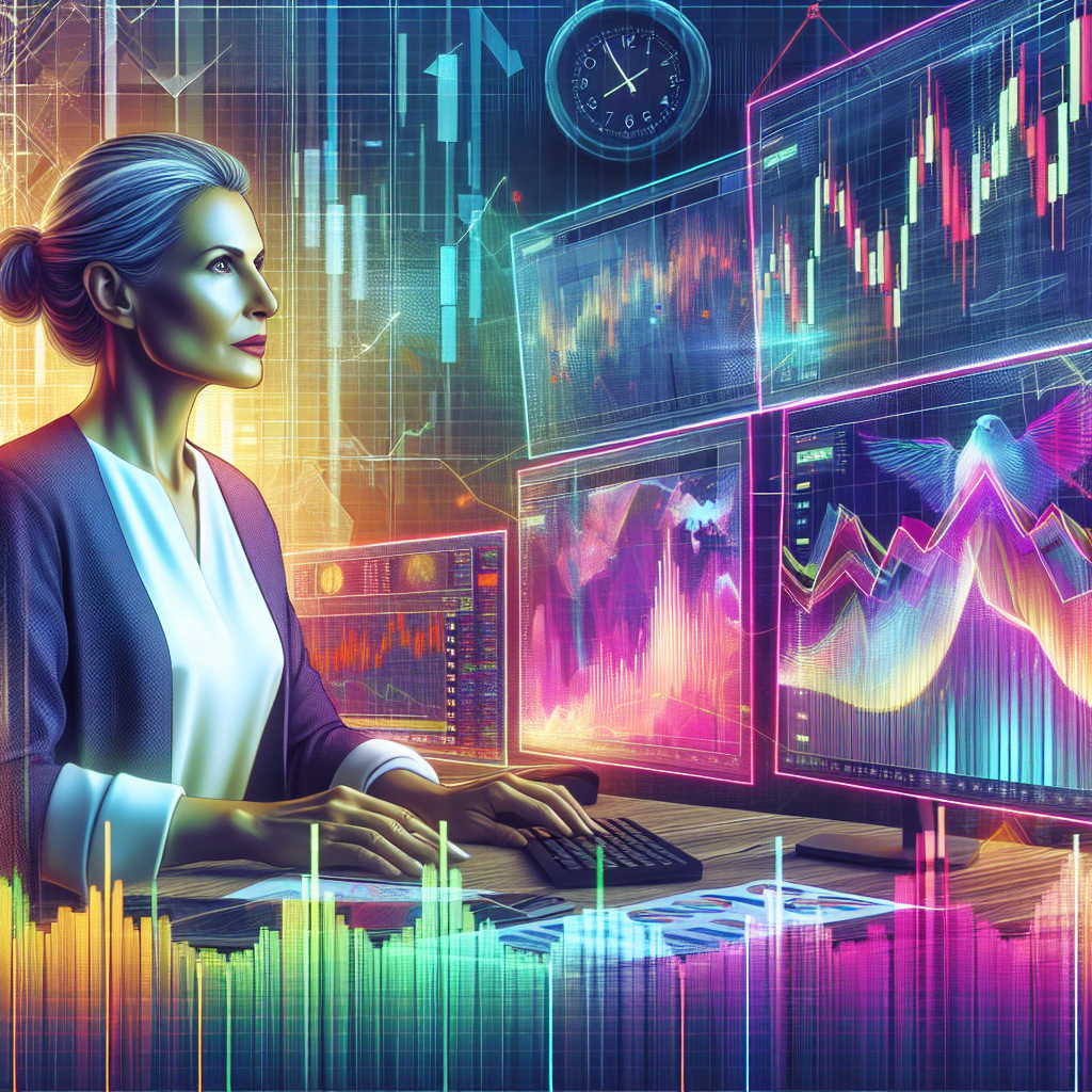 An illustration depicting a focused day trader surrounded by dynamic financial charts and vibrant market data, embodying confidence amidst volatility.