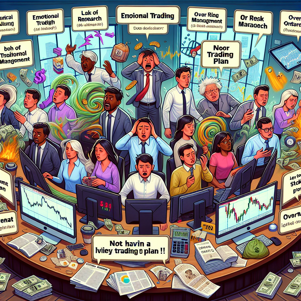 An insightful illustration depicting a diverse group of new day traders surrounded by symbolic representations of common mistakes, like emotional trading, lack of research, and poor risk management, in a vibrant and professional style.