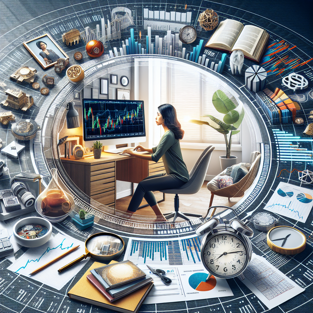 An illustrated composition showcasing a day trader managing their trading schedule amidst daily life activities, featuring a balance between financial charts, a clock, family interactions, and relaxation elements in a vibrant, professional style.