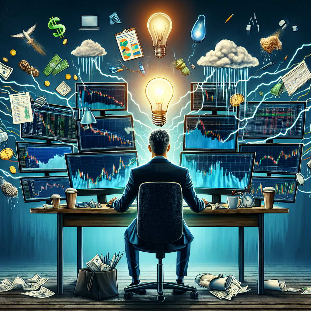 A vibrant and professional illustration of a day trader at a desk, surrounded by symbols of common trading mistakes including emotional trading, lack of a plan, and over-leveraging, while a light bulb above them represents learning from others' experiences.