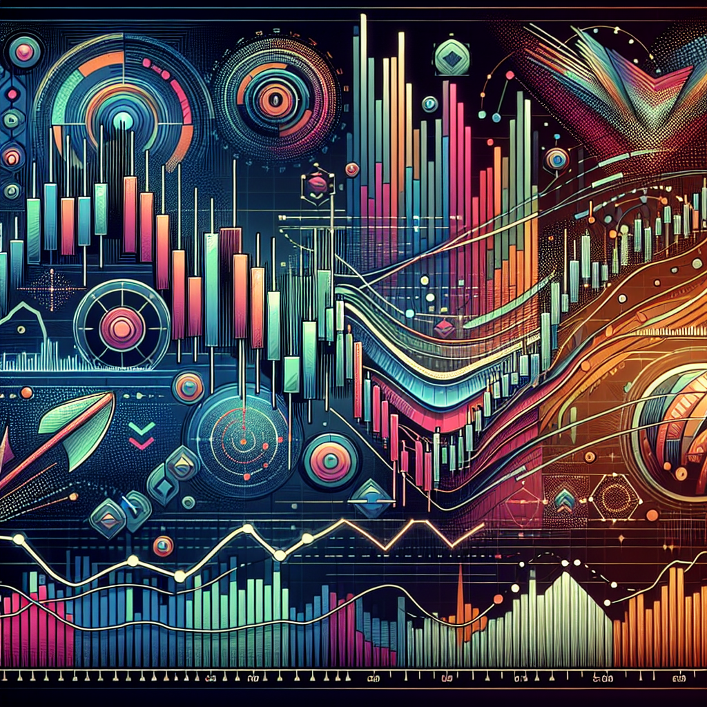 A vibrant and professional illustration depicting the top five technical indicators for day traders, including candlestick charts, moving averages, RSI, MACD, and Bollinger Bands, with an overlaid graphical representation of stock market activity and trading data.