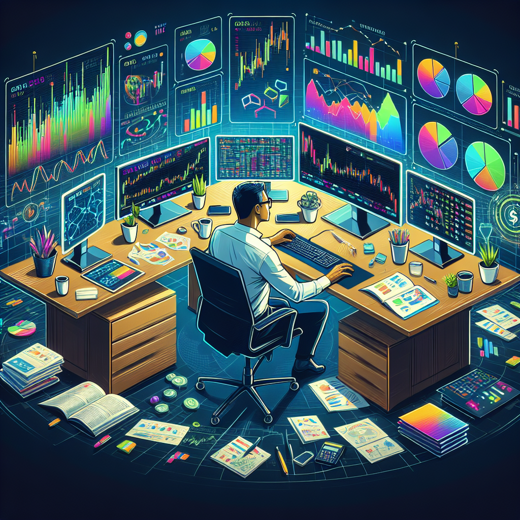 A vibrant illustration depicting a diverse day trading scene, featuring various asset classes like stocks, cryptocurrencies, commodities, and forex on interactive screens, with a professional trader analyzing data, surrounded by colorful charts and graphs.