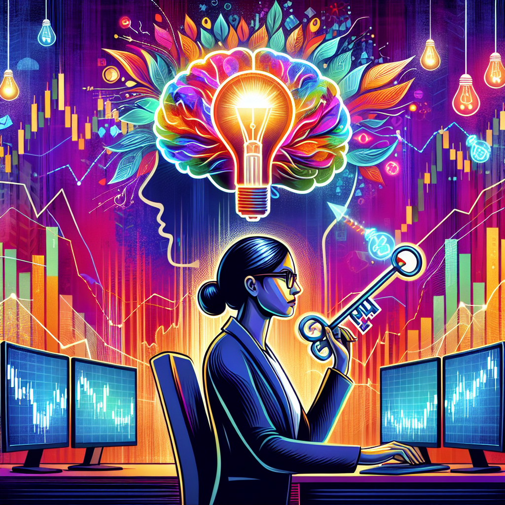 A vibrant and professional illustration depicting a trader in an office surrounded by charts, graphs, and screens displaying stock information, with visual metaphors for mindset shifts like a key unlocking a brain and lightbulbs representing ideas.