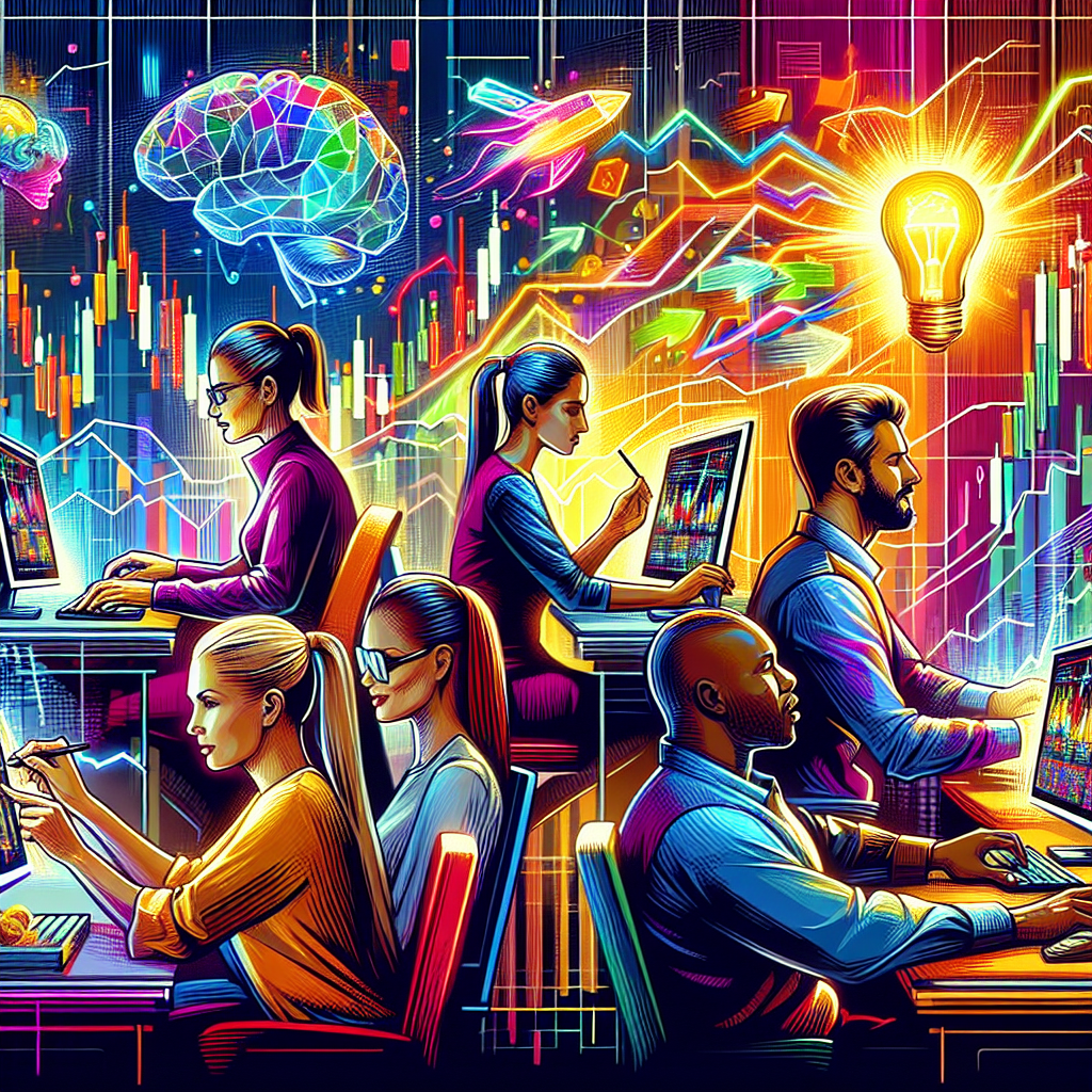 A professional, vibrant illustration depicting a diverse group of traders working diligently at their desks, surrounded by charts and screens showing stock market trends, with elements symbolizing psychology and mindset such as a brain and a light bulb, set in a modern office environment.