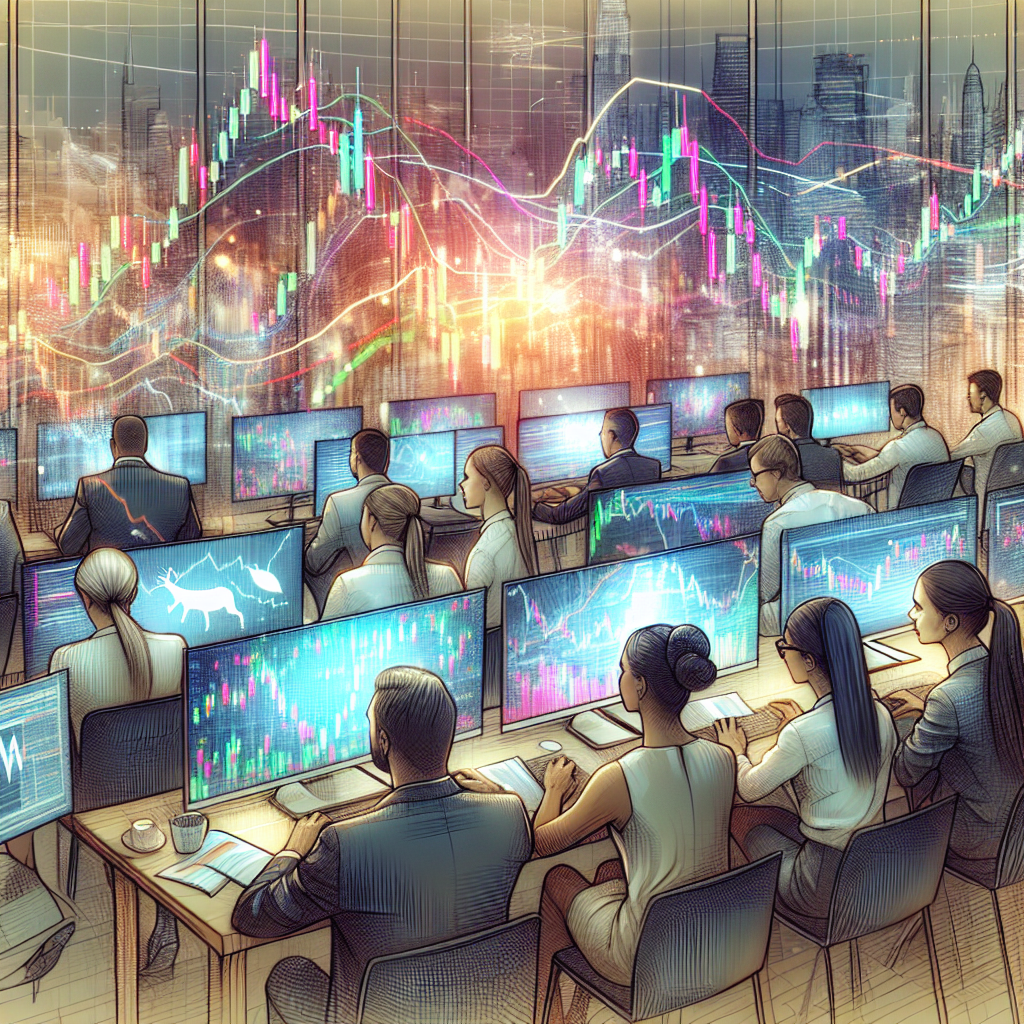 A vibrant and professional illustration depicting various technical indicators related to day trading, such as candlestick charts, moving averages, and MACD. The image showcases a diverse group of beginner traders analyzing data on digital screens, with charts and graphs in the background.