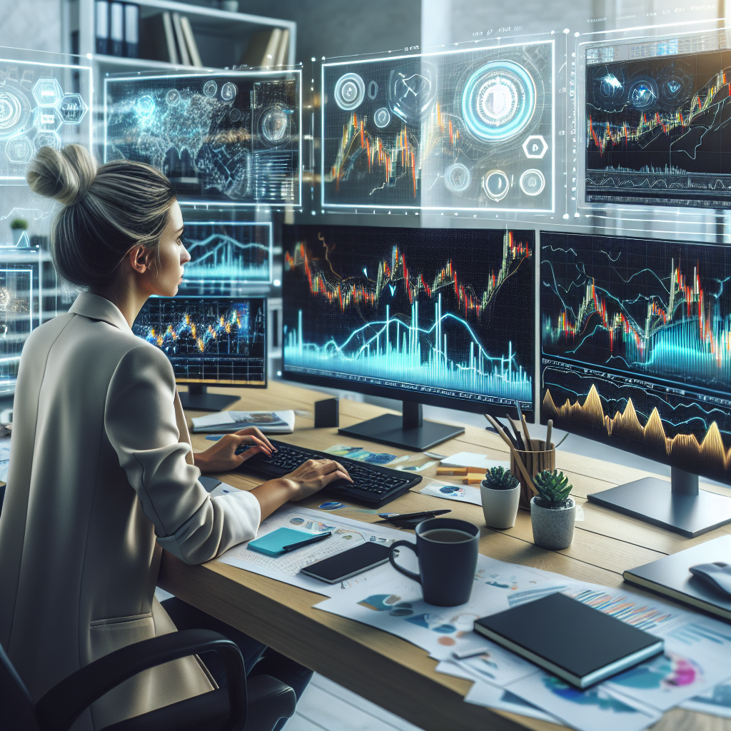 A professional illustration of a trader analyzing charts with technical indicators on multiple screens, surrounded by vibrant graphs and candlestick patterns, set against a modern office backdrop.